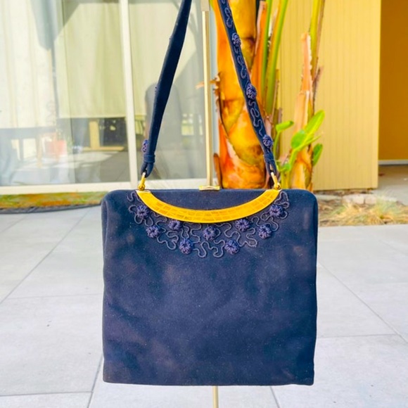 Loewe Navy Suede Handbag Vintage 1960s Purse Evening Bag - Picture 1 of 10